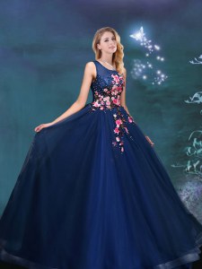 Discount Floor Length Navy Blue Ball Gown Prom Dress Scoop Sleeveless Lace Up
