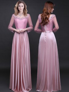 Custom Designed V-neck Long Sleeves Prom Gown Floor Length Appliques and Belt Pink Elastic Woven Satin