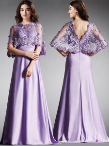 Hot Sale Scoop Half Sleeves Prom Evening Gown Floor Length Lace Lavender Satin