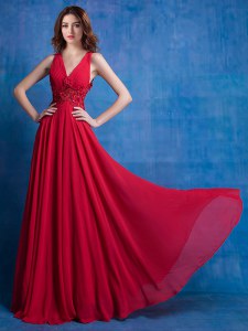 Red Empire Chiffon V-neck Sleeveless Appliques Floor Length Backless Prom Gown