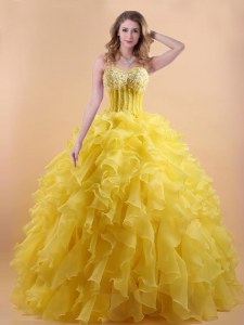 Gold Sweetheart Neckline Appliques and Ruffles Quinceanera Dresses Sleeveless Lace Up