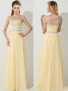 Enchanting Scoop Floor Length Zipper Dress for Prom Gold for Prom with Beading