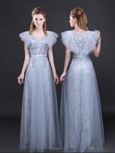 Empire Dress for Prom Grey V-neck Tulle and Lace Short Sleeves Floor Length Zipper