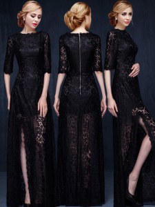 New Style Scoop Half Sleeves Floor Length Lace Zipper Prom Dress with Black
