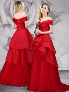 Beauteous Red A-line Tulle Off The Shoulder Sleeveless Lace With Train Lace Up Prom Party Dress Brush Train