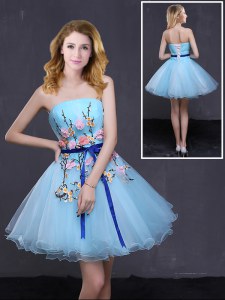 Sophisticated Baby Blue A-line Organza Strapless Sleeveless Appliques and Belt Mini Length Lace Up Prom Dress