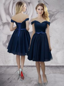 Exceptional Off the Shoulder Navy Blue Sleeveless Bowknot Knee Length