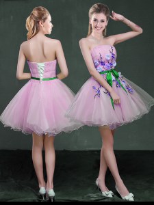 Luxurious Strapless Sleeveless Prom Dress Mini Length Appliques and Belt Lilac Organza