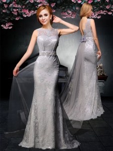 Sophisticated Grey Backless Prom Evening Gown Lace and Belt Sleeveless With Train Watteau Train