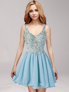 Glittering Light Blue Side Zipper Straps Beading and Ruching Prom Gown Chiffon Sleeveless