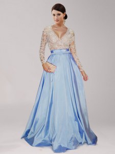Light Blue Zipper Dress for Prom Beading and Belt Long Sleeves Floor Length