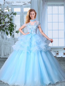 Fabulous SeeThrough Light Blue Short Sleeves Floor Length Appliques and Ruffled Layers Lace Up Quince Ball Gowns