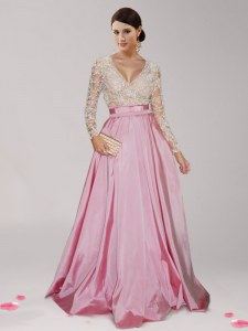 Excellent Pink And White V-neck Neckline Beading and Belt Evening Dress Long Sleeves Zipper