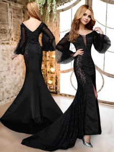 Suitable Mermaid Black V-neck Zipper Lace Prom Evening Gown Brush Train Long Sleeves