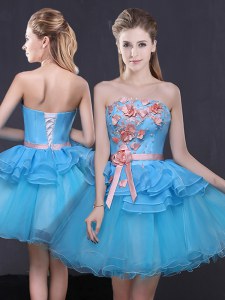 A-line Dress for Prom Blue Strapless Tulle Sleeveless Mini Length Lace Up