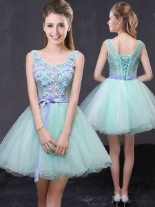 Edgy Scoop Apple Green A-line Lace and Hand Made Flower Dress for Prom Lace Up Organza Sleeveless Mini Length