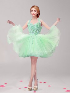 Noble Apple Green A-line Tulle Halter Top Sleeveless Ruffles and Hand Made Flower Mini Length Backless Dress for Prom