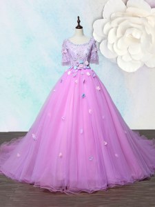 Scoop With Train A-line Half Sleeves Lilac Prom Evening Gown Court Train Lace Up