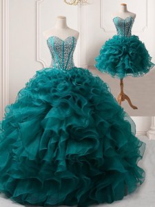 Classical Sleeveless Floor Length Beading and Ruffles Lace Up Dress for Prom with Peacock Green