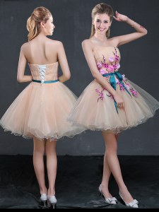 Peach A-line Strapless Sleeveless Organza Mini Length Lace Up Appliques and Belt Homecoming Dress