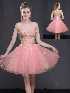 Artistic Pink A-line Appliques Prom Gown Lace Up Organza Sleeveless Mini Length