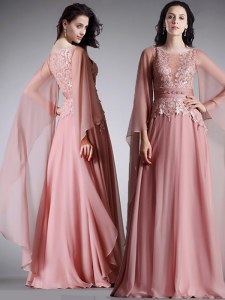 Vintage Scoop Floor Length Pink Prom Evening Gown Chiffon 3 4 Length Sleeve Lace and Belt