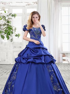 Royal Blue Quinceanera Gown Prom and For with Appliques and Pick Ups and Bowknot Off The Shoulder Cap Sleeves Lace Up