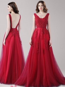 Wine Red A-line Tulle Straps Sleeveless Beading and Appliques and Belt Floor Length Backless Prom Dresses