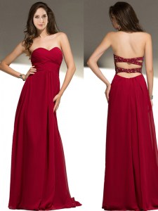 Glittering Criss Cross Red Sleeveless Beading Floor Length Evening Dress