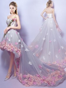 High Class Grey A-line Sweetheart Sleeveless Tulle High Low Lace Up Appliques Prom Evening Gown