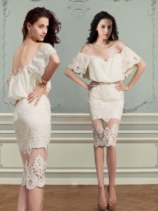Off the Shoulder Short Sleeves Knee Length Lace Backless with Champagne