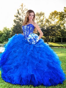 Modern Floor Length Lace Up Quinceanera Gowns Royal Blue for Prom with Beading and Ruffles