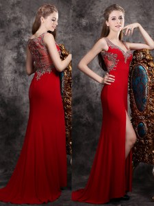 Red Chiffon Zipper Formal Evening Gowns Sleeveless With Brush Train Appliques