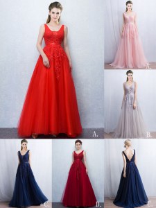 Elegant Red Sleeveless Tulle Brush Train Backless Evening Dress for Prom