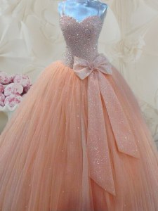 Edgy Tulle Spaghetti Straps Sleeveless Lace Up Beading and Bowknot Prom Party Dress in Peach