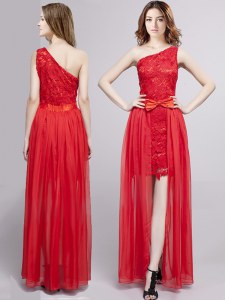 Chic One Shoulder Sleeveless Tulle and Lace Floor Length Zipper Evening Gowns in Red with Lace and Bowknot