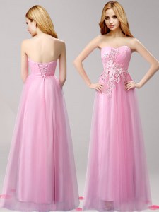 Fine Sleeveless Tulle Floor Length Lace Up in Rose Pink with Beading and Appliques