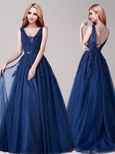 Floor Length A-line Sleeveless Navy Blue Prom Dress Backless
