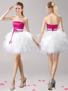 Dynamic Mini Length Pink And White Club Wear Strapless Sleeveless Lace Up