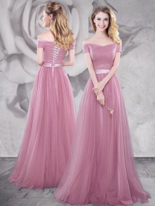 Tulle Off The Shoulder Short Sleeves Brush Train Lace Up Ruching and Belt Prom Dresses in Pink