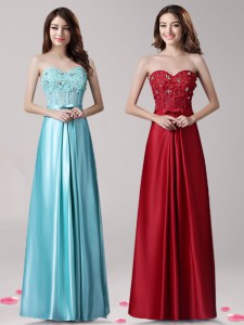 Sleeveless Floor Length Beading and Appliques and Bowknot Zipper Prom Evening Gown with Aqua Blue