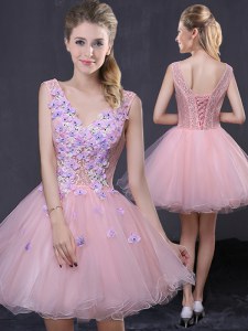 Perfect Organza V-neck Sleeveless Lace Up Hand Made Flower Prom Party Dress in Pink