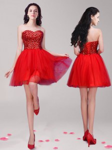 Glittering Beading Prom Party Dress Red Lace Up Sleeveless Mini Length