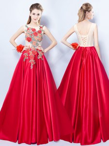Sumptuous Scoop Appliques Evening Wear Red Lace Up Sleeveless Floor Length