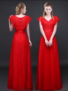 Sumptuous Floor Length Red Tulle and Lace Short Sleeves Appliques and Belt