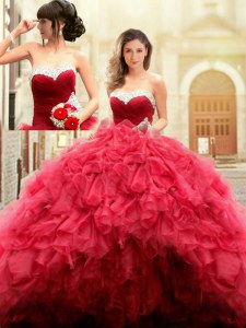 Tulle Sweetheart Sleeveless Lace Up Beading and Ruffles Vestidos de Quinceanera in Red