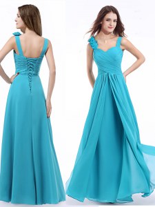 Aqua Blue Empire Straps Sleeveless Chiffon Floor Length Lace Up Ruching Prom Evening Gown