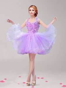 A-line Prom Dresses Lavender Halter Top Tulle Sleeveless Mini Length Backless