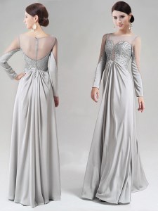 Latest Scoop Silver Chiffon Zipper Prom Evening Gown Long Sleeves Floor Length Beading and Lace
