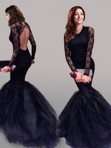 High Quality Mermaid Scoop Navy Blue Backless Prom Gown Lace Long Sleeves With Brush Train